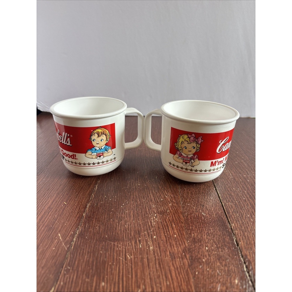 VTG 1992 Campbell's Soup M'm! M'm! Good! Anchor Hocking Plastic Mugs Set Of 2